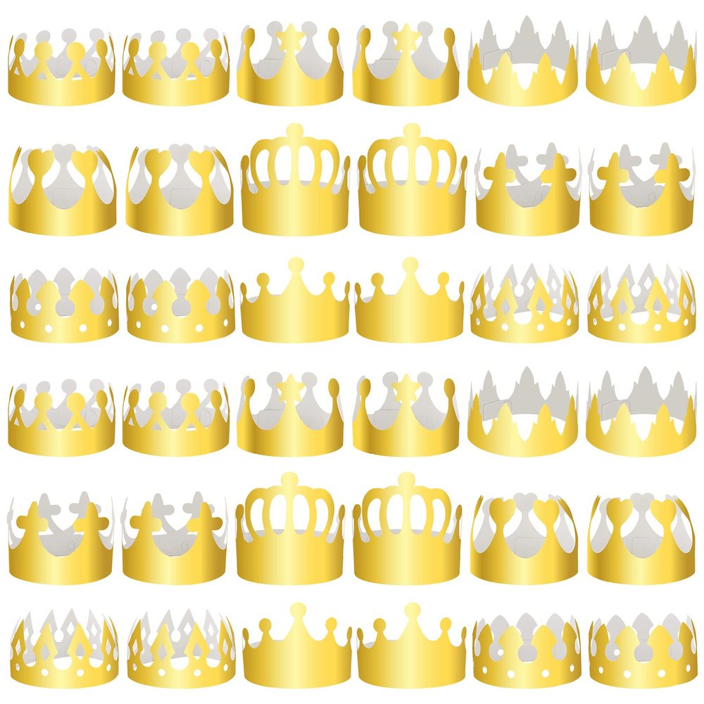 Henoyso 72 Pcs Gold Paper Crowns Bulk 9 Styles King Prince Princess Gold Foil Paper Party Crown Hat Cap for Adults Women Men Birthday Party Baby Shower Celebration Decorations Favors Supplies