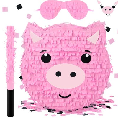 Deekin Pig Piata Stick with Blindfold Confetti Set Pig Piata for Birthday Party Decorations Kids Farm Party Gaming Theme Pets Holiday Celebration Supply