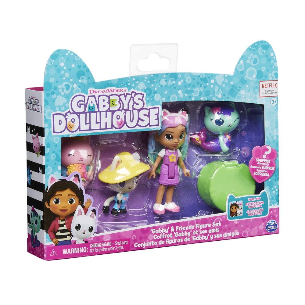 Gabbys Dollhouse, Gabby and Friends Figure Set with Rainbow Gabby Doll, 3 Toy Figures and Surprise Accessory Kids Toys for Ages 3 and up