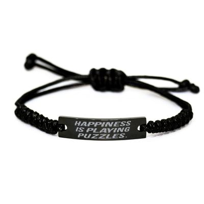 Puzzles for Men Women, Happiness is Playing Puzzles, Cool Puzzles Black Rope Bracelet, Engraved Bracelet from