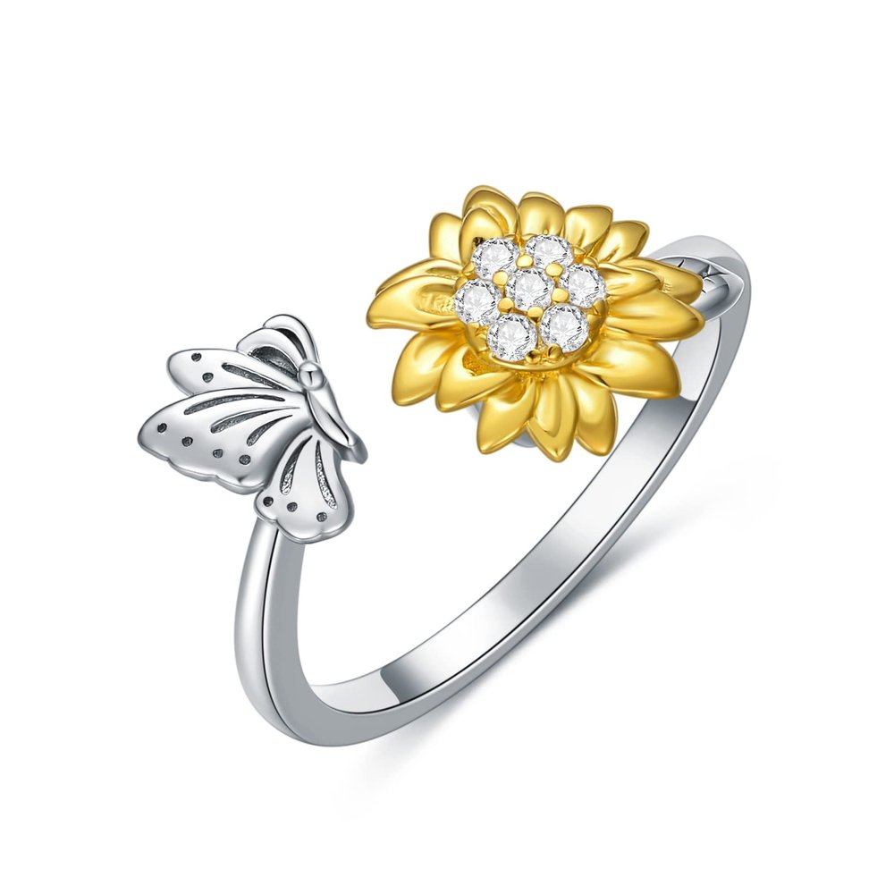 SLIACETE Sunflower Spinner Ring 925 Sterling Silver Fidget Ring Adjustable Anti-Anxiety Rings Jewelry Gifts for Women Anxiety
