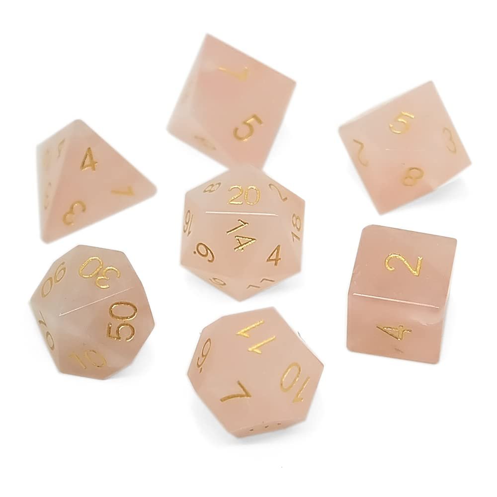 Rose Quartz Gemstone Dice 7 Pcs D&D Gem Dice Set DND Faceted Dice Set, Free Dice Bag for Dungeons & Dragons RPG Game