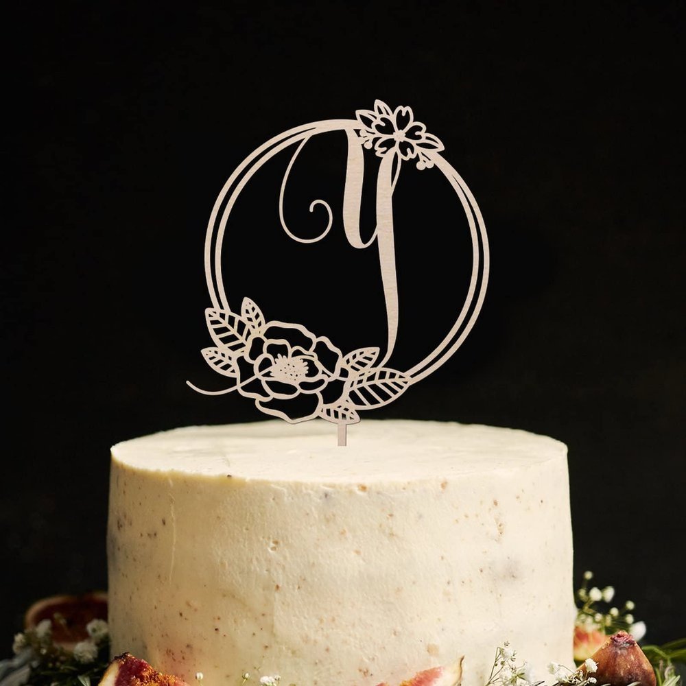 Vinisong Personalized Initials Cake Topper Wreath Letter Y Cake Topper Wood Monogram Cake Topper Rustic Wedding Cake Topper Birthday Cake Decoration(Design 08,Y)