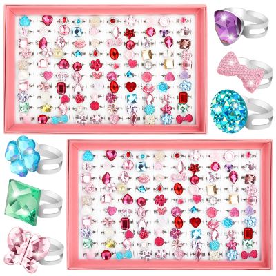 Jerify 2 Boxes Valentine Kids Rings for Girls, Adjustable Little Girl Dress up Rings Play Jewelry Princess Jewel in Box for 4-12 Year Old Kids Toys Party Favors Birthday Gifts Assorted(Stylish Style)
