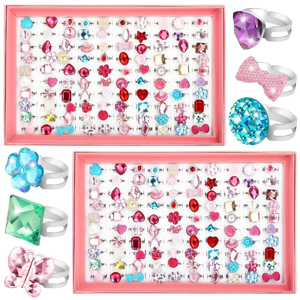 Jerify 2 Boxes Valentine Kids Rings for Girls, Adjustable Little Girl Dress up Rings Play Jewelry Princess Jewel in Box for 4-12 Year Old Kids Toys Party Favors Birthday Gifts Assorted(Stylish Style)