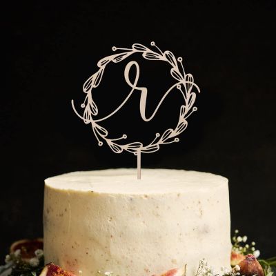 Vinisong Personalized Initials Cake Topper Wreath Letter R Cake Topper Wood Monogram Cake Topper Rustic Wedding Cake Topper Birthday Cake Decoration(Design 07,R)