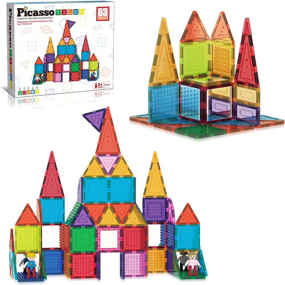 PicassoTiles Activity Center Table + 63 Piece Magnetic Building Tiles, 331pc Dual Size Building Blocks Play Table & Study Desk, Sandbox Water Tight Container Storage, 2 Character Figures 9 Tile Styles