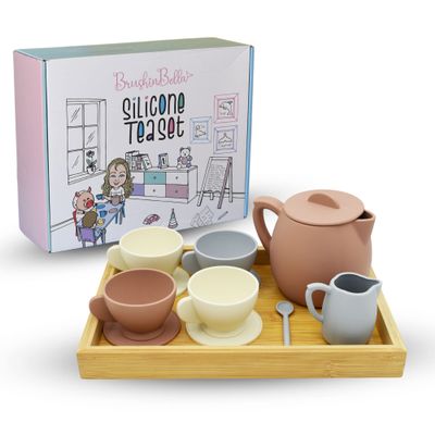 BrushinBella Silicone Tea Set - 12-Piece Toddler Toy Tea Set - Safe Kids Play - Durable Toy Teapot, Creamer, Tea Cups - Dishwasher-Safe Mini- Cute Tea Party Set for Toddlers