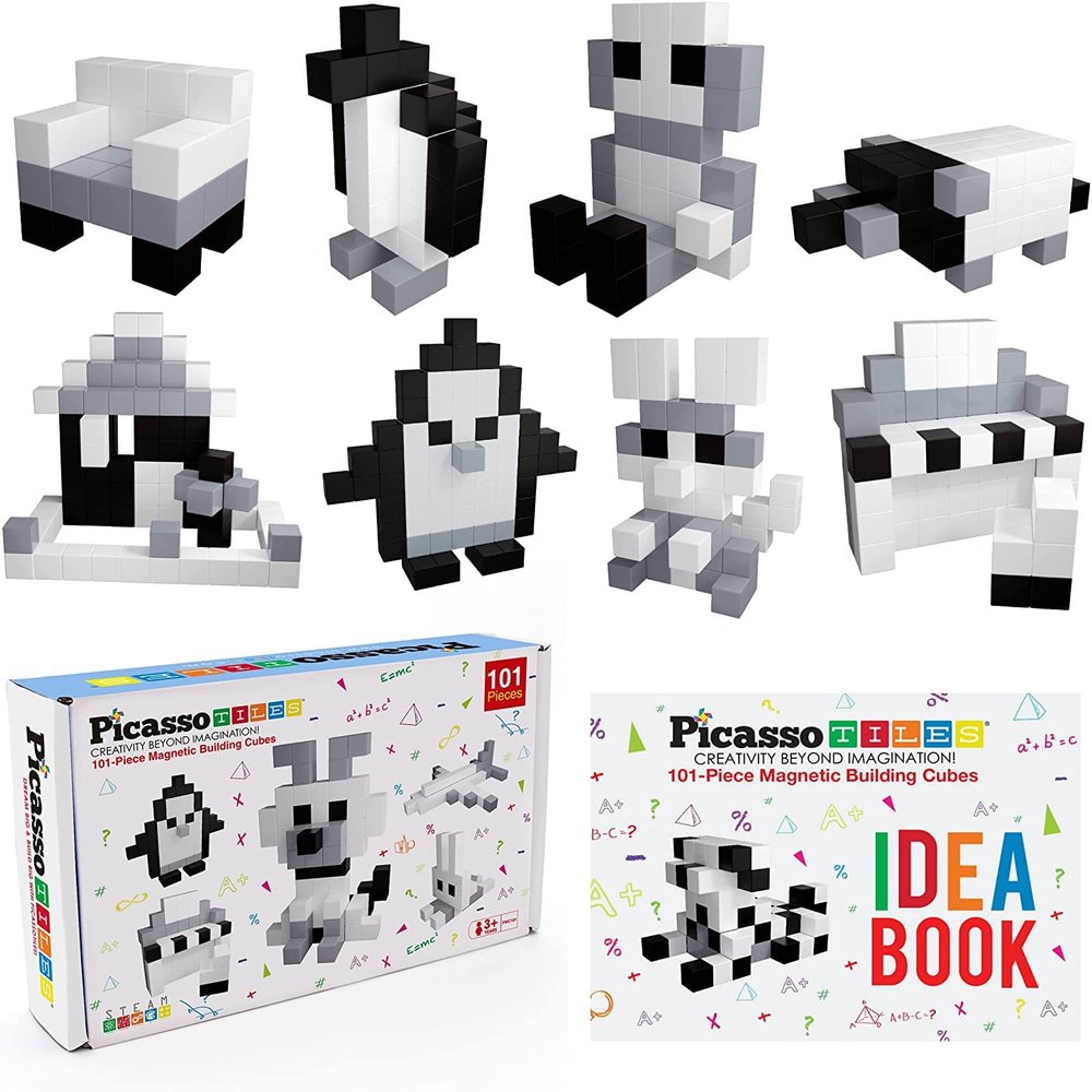 PicassoTiles Magnetic Puzzle Cube Mini + Black and White + 102pcs, 0.5 1" Pixel 100pcs Mix & Match Cubes Sensory Toys, Free Ideabook with 53 Ideas, STEAM Education Learning Building Block Toy Set