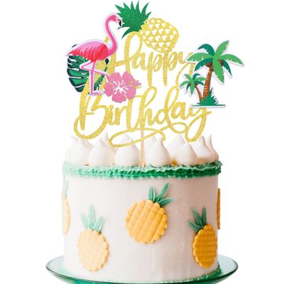 1 PCS Flamingo Happy Birthday Cake Topper Glitter Palm Tree Turtle Leaf Flower Pineapple Flamingo Cake Pick Decorations for Tropical Hawaiian Luau Theme Baby Shower kids Birthday Party Supplies