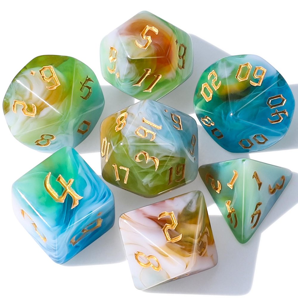 CiaraQ DND Polyhedral Dice Set with Dice Bag for Dungeons and Dragons RPG MTG Role Playing Table Games (Green Mixed White + Gold Font)
