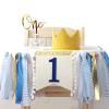 Baby Boy 1st Birthday Party Decorations by innerspark, Blue and Gold set, Ribbon High Chair Banner, Birthday crown hat, Gold Cake Topper view 1