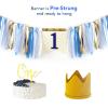 Baby Boy 1st Birthday Party Decorations by innerspark, Blue and Gold set, Ribbon High Chair Banner, Birthday crown hat, Gold Cake Topper view 2