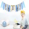 Baby Boy 1st Birthday Party Decorations by innerspark, Blue and Gold set, Ribbon High Chair Banner, Birthday crown hat, Gold Cake Topper view 3