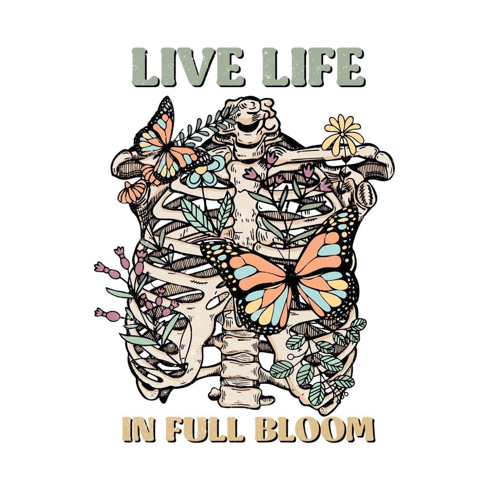 3 Skeleton Ribcage Sticker Live Life Full Bloom Bones Goth Bone Flowers Retro
