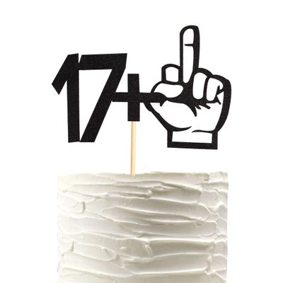 Arthsdite 17+1 Middle Finger Black Glitter Cake Topper - 18th Birthday Party Decorations - Funny Eighteen Years Old Birthday Party Supplies