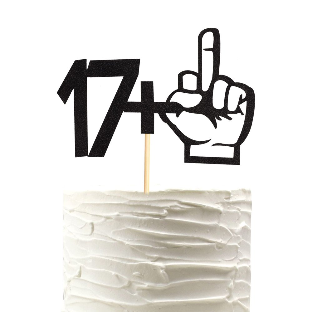Arthsdite 17+1 Middle Finger Black Glitter Cake Topper - 18th Birthday Party Decorations - Funny Eighteen Years Old Birthday Party Supplies