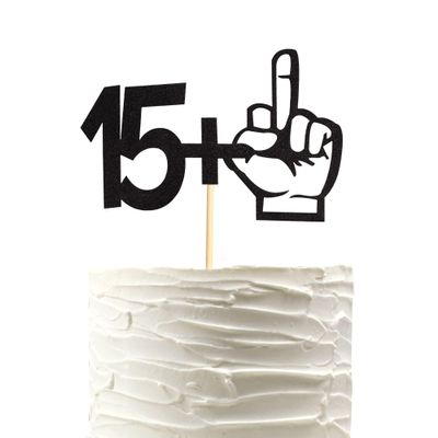 Arthsdite 15+1 Middle Finger Black Glitter Cake Topper - 16th Birthday Party Decorations - Funny Sixteen Years Old Birthday Party Supplies