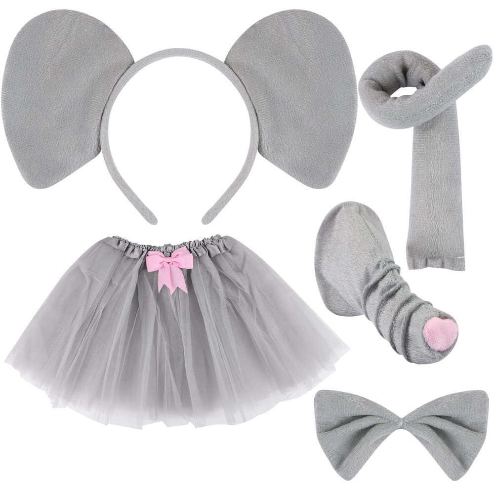 5 Pieces Elephant Costume Set Elephant Ears Headband Nose Tail Bow Tie Tutu Skirt Animal Fancy Dress Costume Kit Party Accessories for Halloween,Birthday,Christmas,Cosplay Dress Up Party Decorations