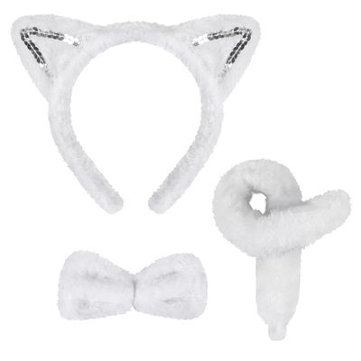 3 Pieces White Cat Costume Set Cat Glitter Ears Headband Tail and Bow Tie Animal Fancy Dress Cat Costume Kit Party Accessories for Halloween,Birthday,Christmas,Cosplay Dress Up Party Decorations