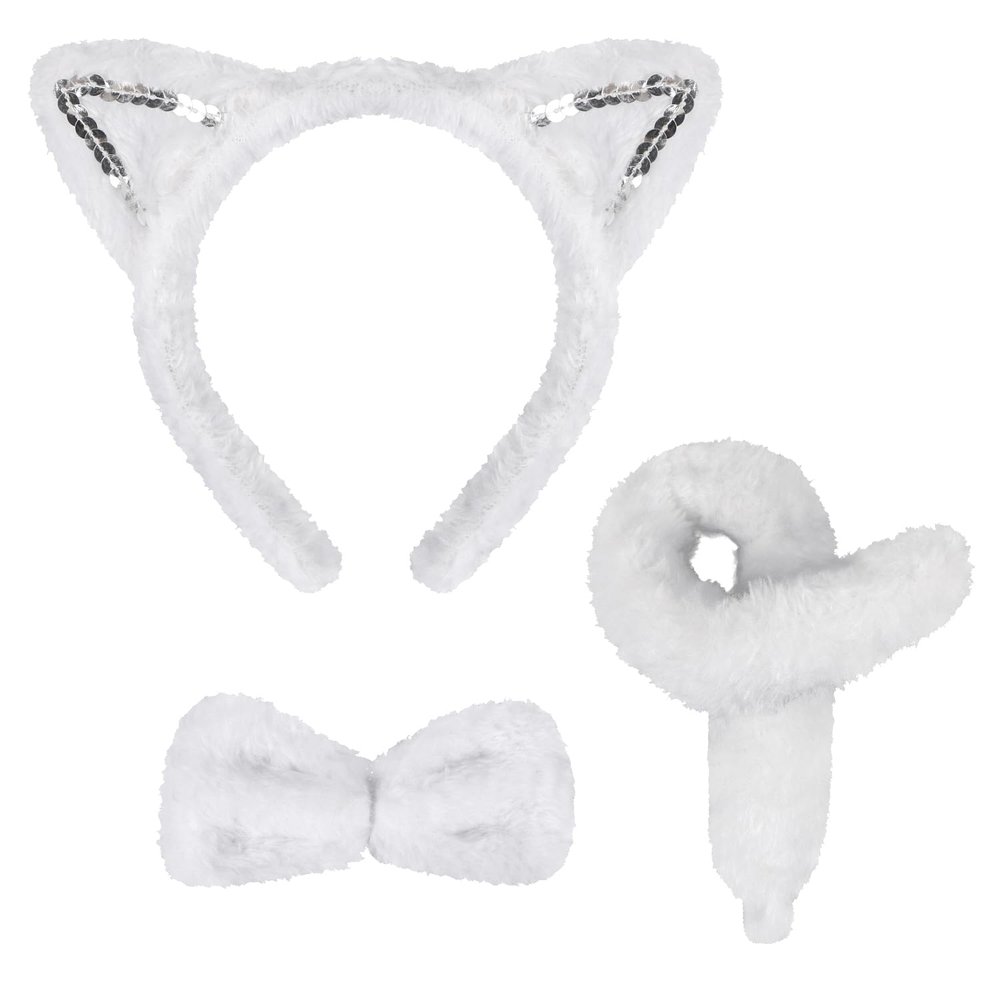 3 Pieces White Cat Costume Set Cat Glitter Ears Headband Tail and Bow Tie Animal Fancy Dress Cat Costume Kit Party Accessories for Halloween,Birthday,Christmas,Cosplay Dress Up Party Decorations