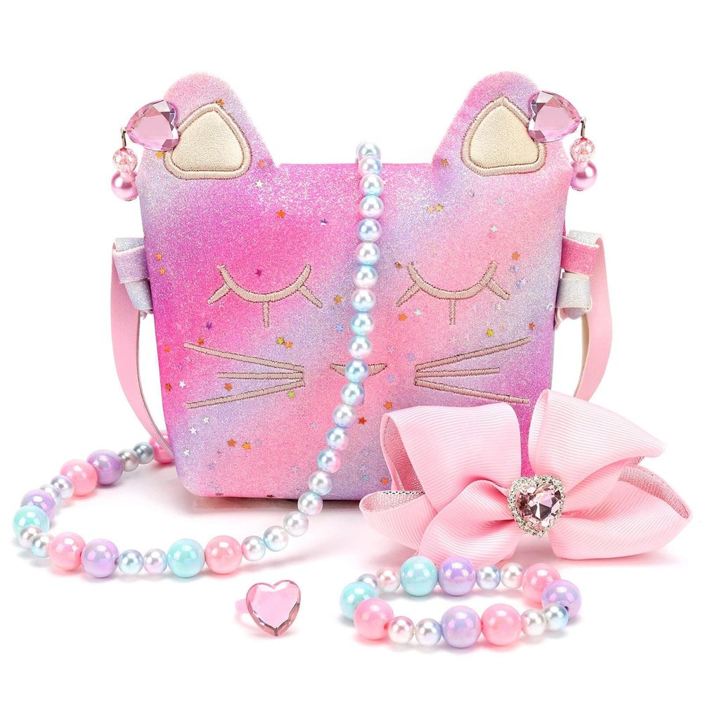 Mibasies Purse for Little Girls Dress Up Jewelry Pretend Play Kids Accessories Gifts Presents (Pink Purple)