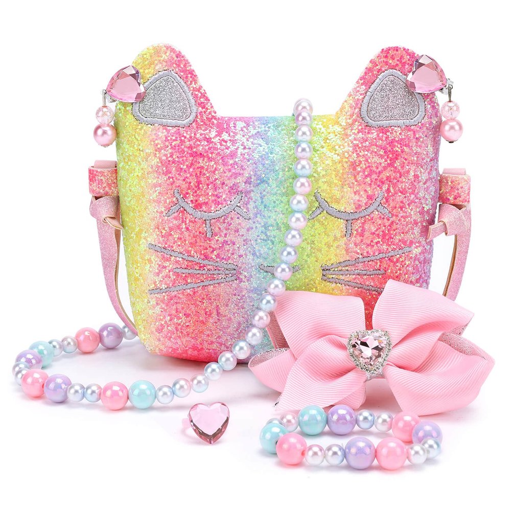 Mibasies Purse for Little Girls Dress Up Jewelry Pretend Play Kids Accessories Gifts Presents (Pink Rainbow1)