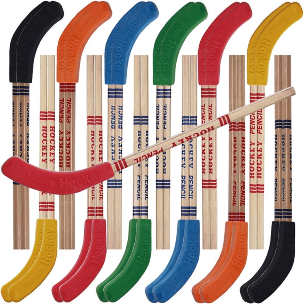 TIHOOD 24PCS Hockey Pencils and Erasers - Bulk 9 Inch Hockey Stick Sports Theme Party Supplies, Fun Cool Pencils for Hockey Fans, Students, Stocking Stuffers and Goodie Bag Birthday Party Favors