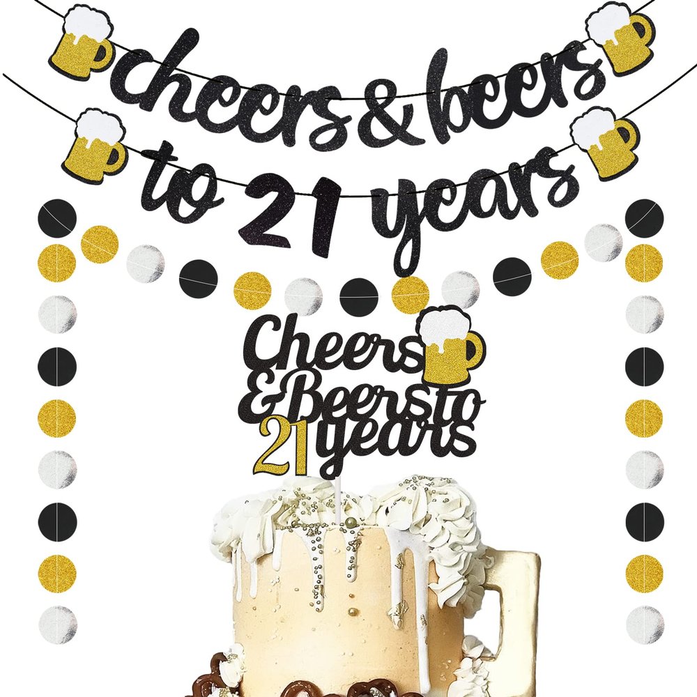 21st Birthday Decorations for Her Him - 21st Birthday Banner, Cheers and Beers to 21 Years Cake Topper, Glittery Circle Dots Garland Party Supply (Black Gold)