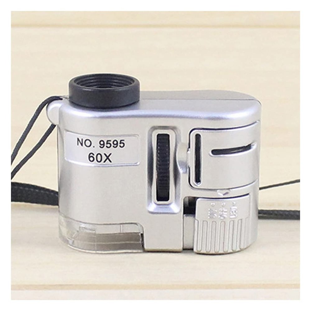 Microscope Accessories Kit 60X Mini Pocket Microscope Handheld Magnifying Glass Focusing Adjusted Loupe with LED Light Microscope Slides (Color : Silver)