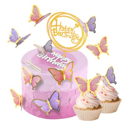 Cake Toppers Decorations, 31pcs Butterfly Cupcake Topper Butterfly Decorations for Baby Shower Wedding Anniversary Party Happy Birthday Topper Wall Decor (Pink)