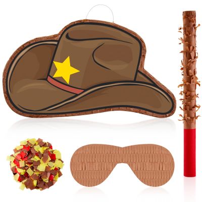 Lewtemi 15.7 Inch Cowboy Hat Piata Western Cowboy Theme Birthday Party Decors Favors with Blindfold Stick Confetti Photo Prop Candy Holder Valentine Party Supplies(Simple)