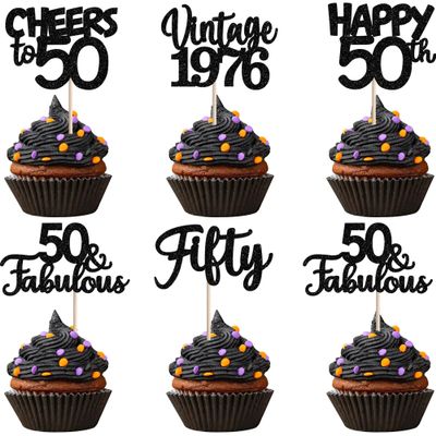 30PCS Happy 50th Birthday Cupcake Toppers Glitter Fifty Vintage 1975 Cupcake Picks Cheers to 50 Fabulous Cake Decorations for 50th Birthday Wedding Anniversary Party Supplies Black