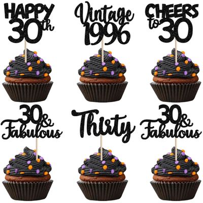 30PCS Happy 30th Birthday Cupcake Toppers Glitter Thirty Vintage 1996 Cupcake Picks Cheers to 30 Fabulous Cake Decorations for 30th Birthday Wedding Anniversary Party Supplies Black