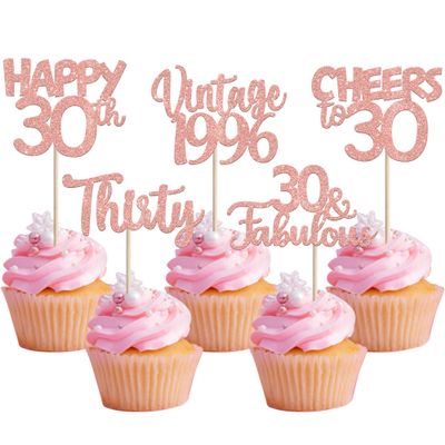 30PCS Vintage 1996 Cupcake Toppers Glitter Thirty 30 Fabulous Happy 30th Birthday Cupcake Picks Cheers to 30 Years for 30th Birthday Anniversary Party Cake Decorations Supplies Rose Gold