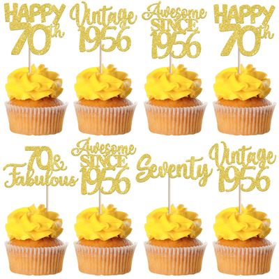 30PCS Vintage 1956 Cupcake Toppers Glitter Seventy Happy 70th Birthday 70 Fabulous Cupcake Picks Cheers to 70 Years for 70th Birthday Wedding Anniversary Party Cake Decorations Supplies Gold