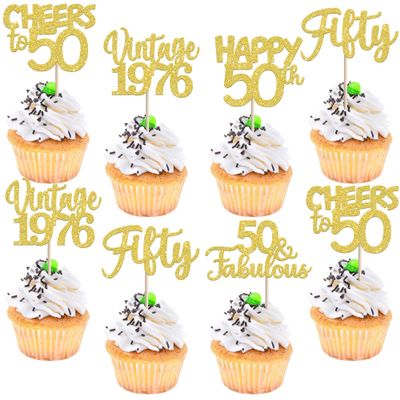 30PCS Vintage 1976 Cupcake Toppers Glitter Fifty Happy 50th Birthday 50 Fabulous Cupcake Picks Cheers to 50 Years for 50th Birthday Wedding Anniversary Party Cake Decorations Supplies Gold