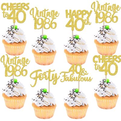 30PCS Vintage 1986 Cupcake Toppers Glitter Forty Happy 40th Birthday 40 Fabulous Cupcake Picks Cheers to 40 Years for 40th Birthday Wedding Anniversary Party Cake Decorations Supplies Gold
