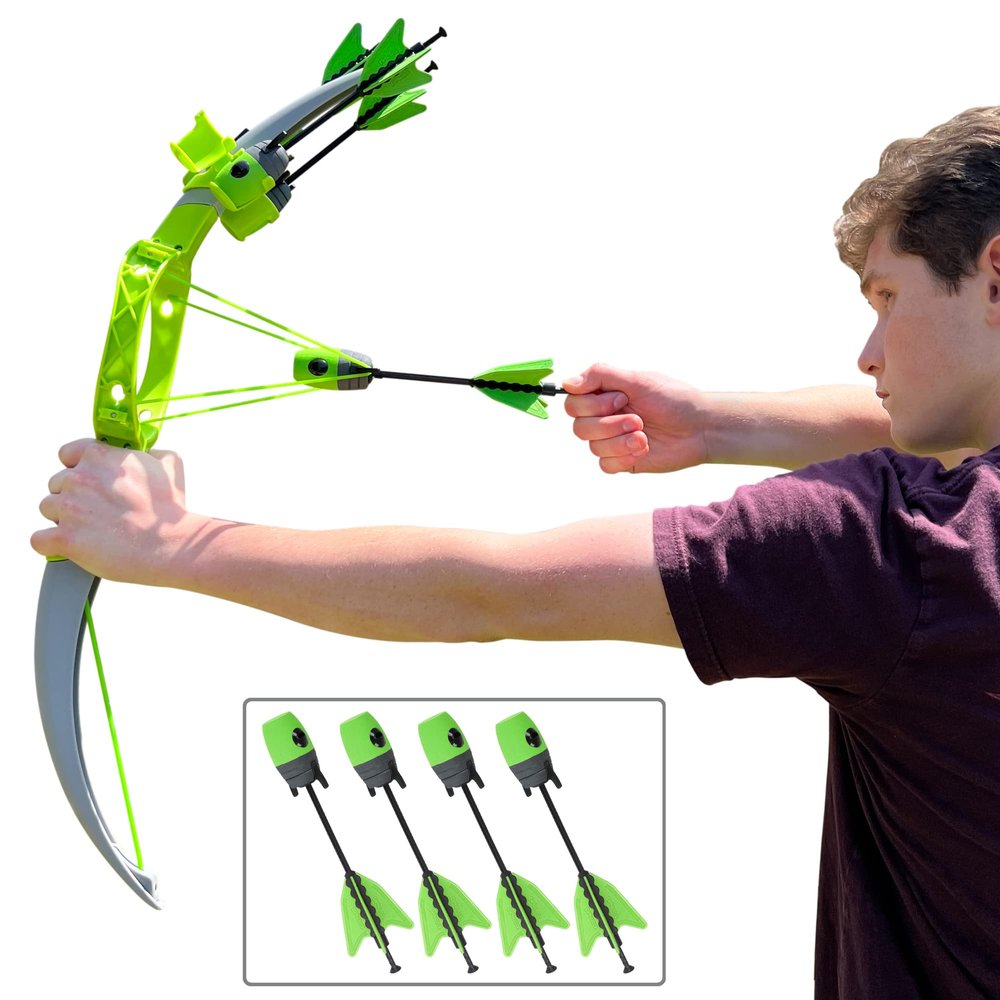 Funwares Patented Bow and Arrow Launches Arrows Over 200 Feet, Includes 4 Whistling Foam Tipped Arrows, Quiver Included, Amazing Outdoor Toy for Ages 14 and Up, Green and Grey