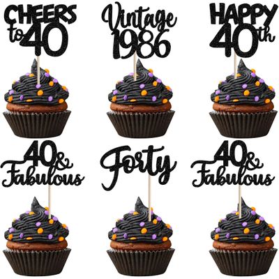 30PCS Happy 40th Birthday Cupcake Toppers Glitter Forty Vintage 1985 Cupcake Picks Cheers to 40 Fabulous Cake Decorations for 40th Birthday Wedding Anniversary Party Supplies Black