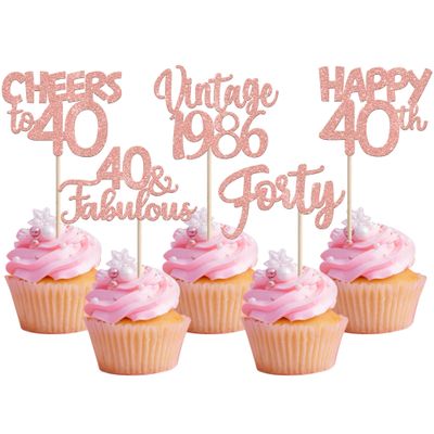 30PCS Vintage 1986 Cupcake Toppers Glitter Forty 40 Fabulous Happy 40th Birthday Cupcake Picks Cheers to 40 Years for 40th Birthday Anniversary Party Cake Decorations Supplies Rose Gold