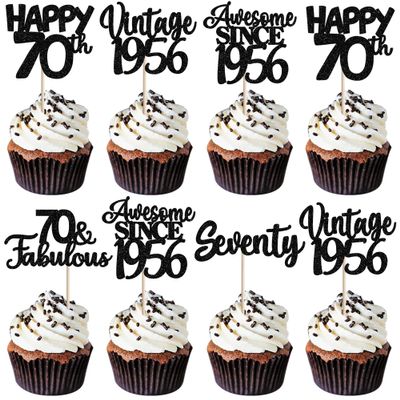 30PCS Happy 70th Birthday Cupcake Toppers Glitter Seventy Vintage 1956 Cupcake Picks Cheers to 70 Fabulous Cake Decorations for 70th Birthday Wedding Anniversary Party Supplies Black