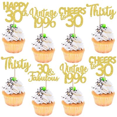30PCS Vintage 1996 Cupcake Toppers Glitter Thirty Happy 30th Birthday 30 Fabulous Cupcake Picks Cheers to 30 Years for 30th Birthday Wedding Anniversary Party Cake Decorations Supplies Gold