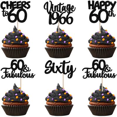 30PCS Happy 60th Birthday Cupcake Toppers Glitter Sixty Vintage 1965 Cupcake Picks Cheers to 60 Fabulous Cake Decorations for 60th Birthday Wedding Anniversary Party Supplies Black