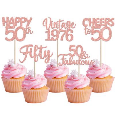 30PCS Vintage 1975 Cupcake Toppers Glitter Fifty 50 Fabulous Happy 50th Birthday Cupcake Picks Cheers to 50 Years for 50th Birthday Anniversary Party Cake Decorations Supplies Rose Gold