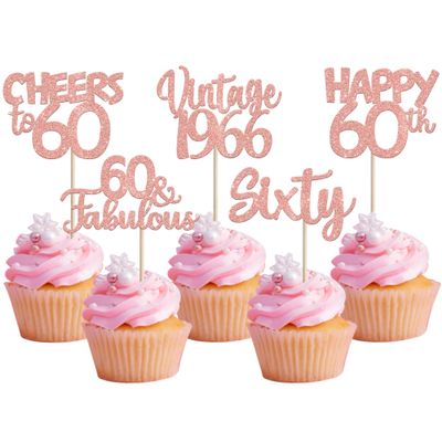 30PCS Vintage 1966 Cupcake Toppers Glitter Sixty 60 Fabulous Happy 60th Birthday Cupcake Picks Cheers to 60 Years for 60th Birthday Anniversary Party Cake Decorations Supplies Rose Gold