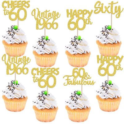 30PCS Vintage 1965 Cupcake Toppers Glitter Sixty Happy 60th Birthday 60 Fabulous Cupcake Picks Cheers to 60 Years for 60th Birthday Wedding Anniversary Party Cake Decorations Supplies Gold