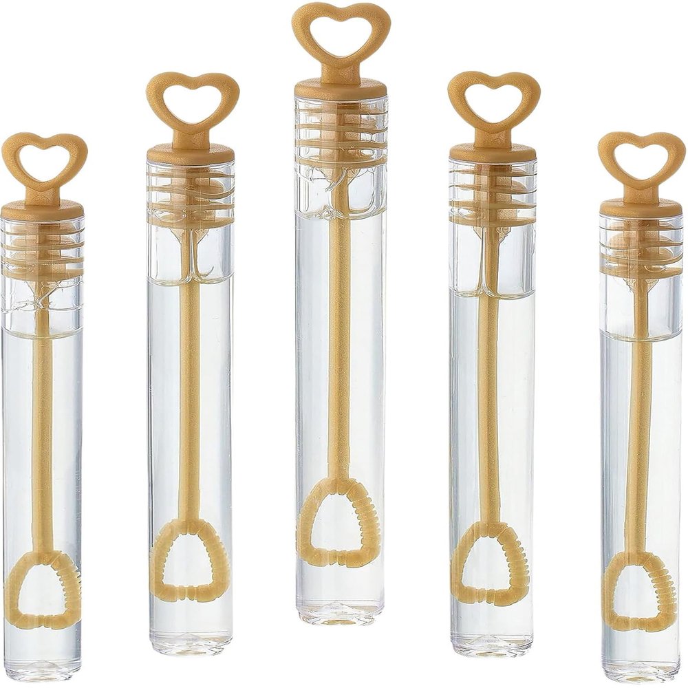 GIFTEXPRESS Bubble Wands Party Favors - 96 Pack Mini 4.25" Tall Gold Color Heart Bubble Sticks - 0.2 Fl Oz / 5 mL Tube of Non Toxic Bubbles Solution for Kids