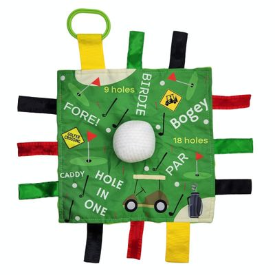 Baby Jack & Co 10x10 Golf Ball Sports Lovey Sensory Plush Blanket - Tag Toys for Sensory Play - Travel Stroller Toy - Learn Shapes, Letters & Colors - Sports Gift Educational and Soother