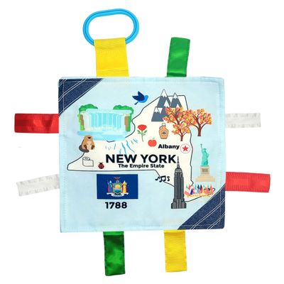 Baby Jack & Co 8x8 Learning Lovey New York State Tag Stroller Toy for Babies - Crinkle Toys for Developing Five Senses - Learn About Capitals - Travel with Baby Jack - BPA Free Clip